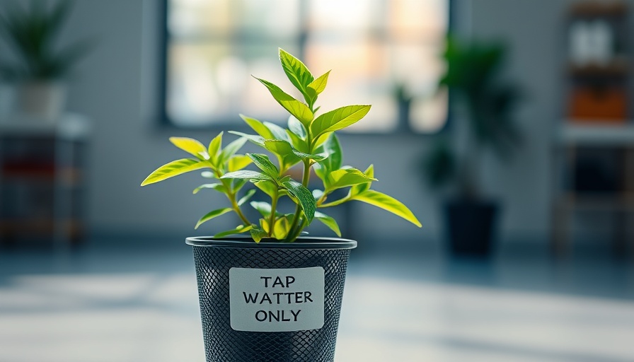 Plant in mesh pot labeled 'Tap Water Only' in indoor setting.