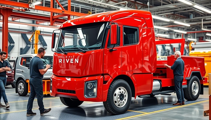 Rivian assembly line with red truck and focused workers, illustrating delivery target adjustments.