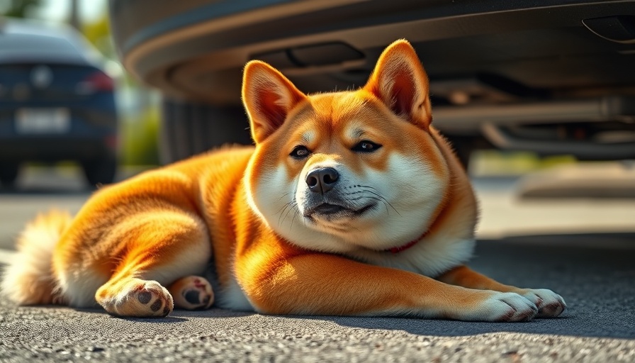 Shiba Inu dog lying under a car in a parking lot.