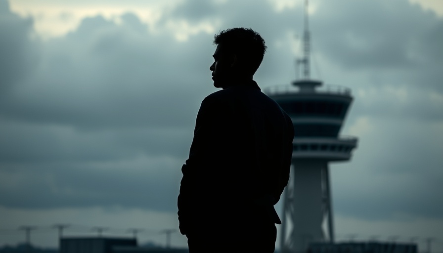 Silhouette near Newark airport tower during air traffic outage.