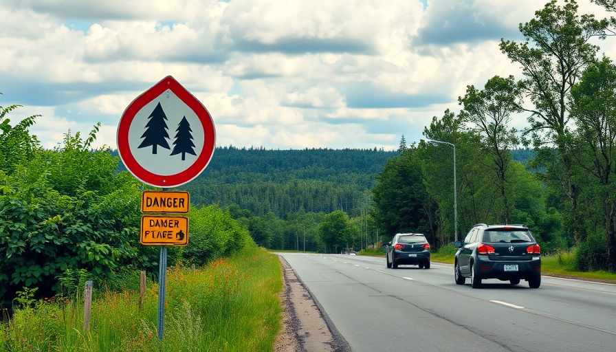 Forest fire danger sign along B.C. road with passing cars.