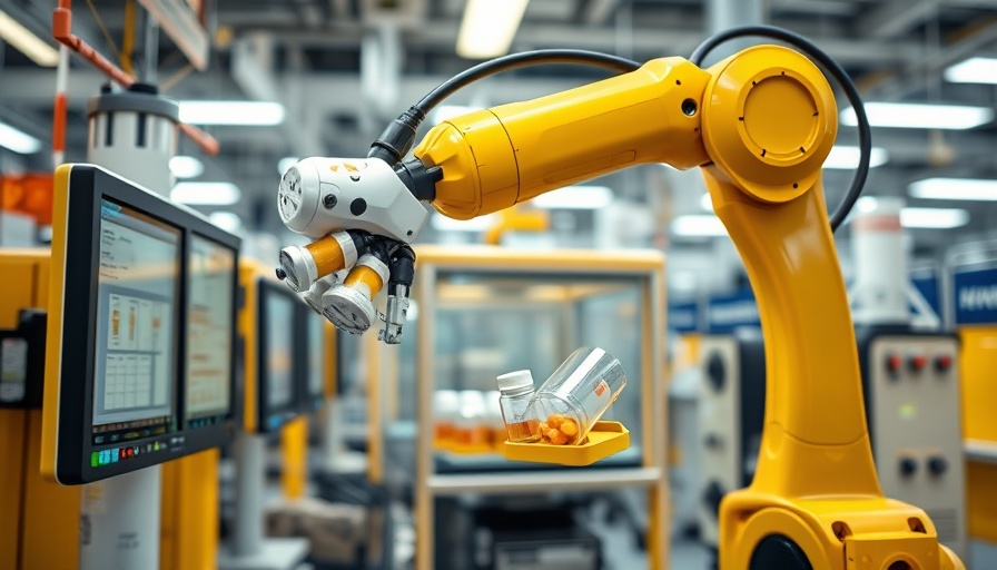 Automated robotic arm in Walgreens facility enabling prescription filling.