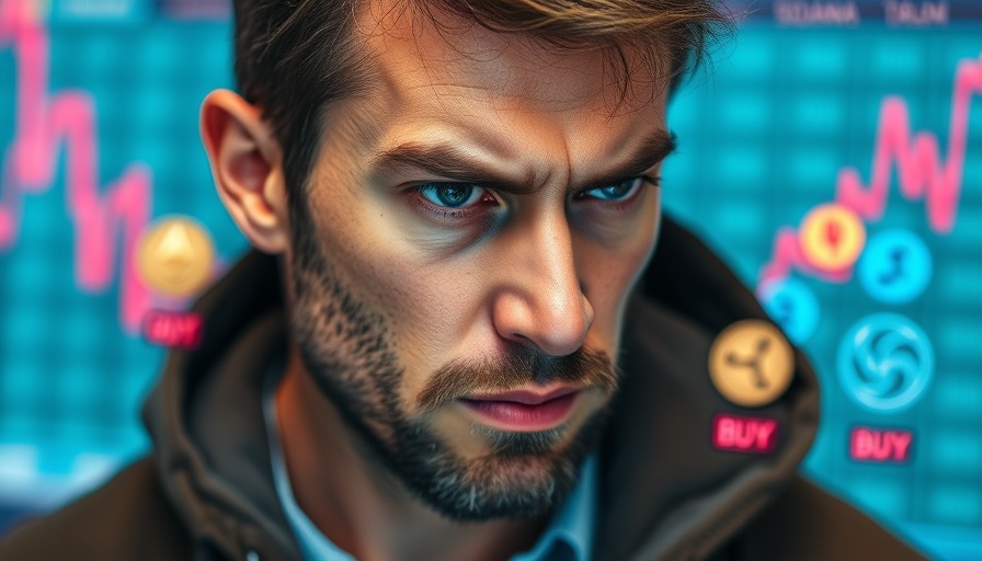 Thoughtful man pondering cryptocurrency investments with trading chart.