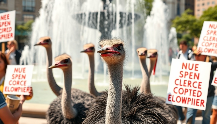 Protesters with signs for B.C. ostriches facing cull near fountain.
