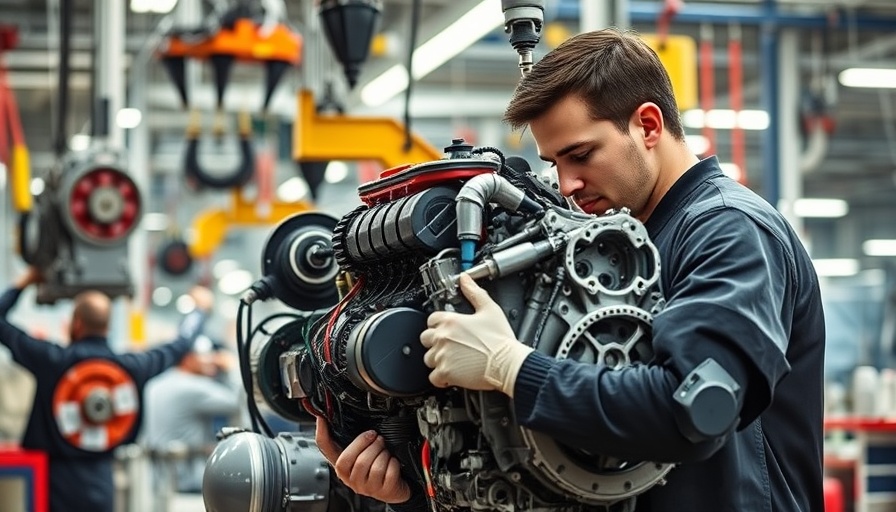 Worker assembling vehicle engine in USA factory
