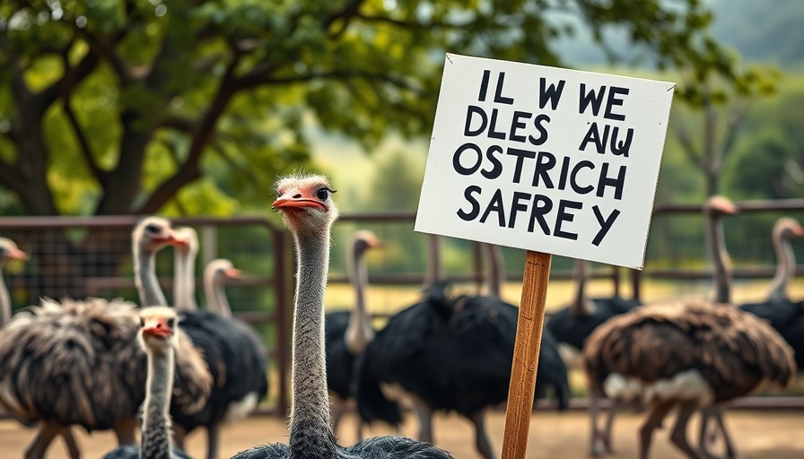 Protest against ostrich cull with sign in natural setting.