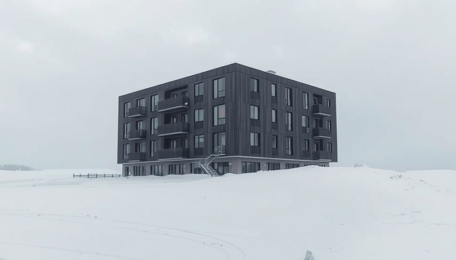 Supportive housing building at Site C work camp in snowy Surrey landscape.
