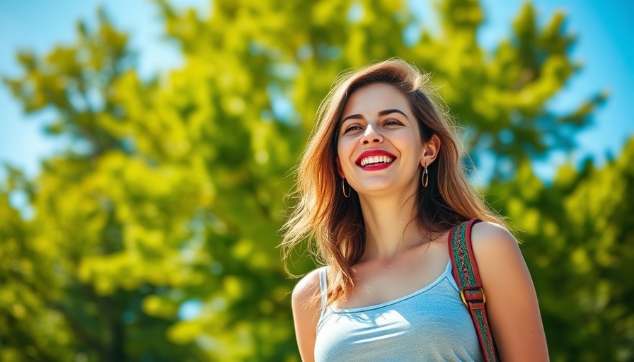 Smiling woman outdoors under sunny sky with tall green trees.