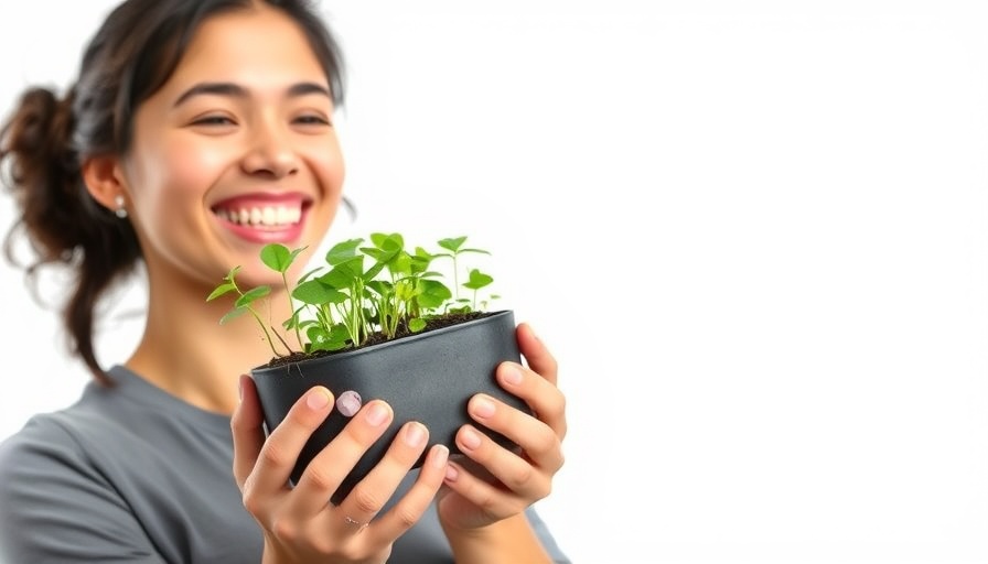 Young woman with seedlings and text about roots vs plastic on a white background.