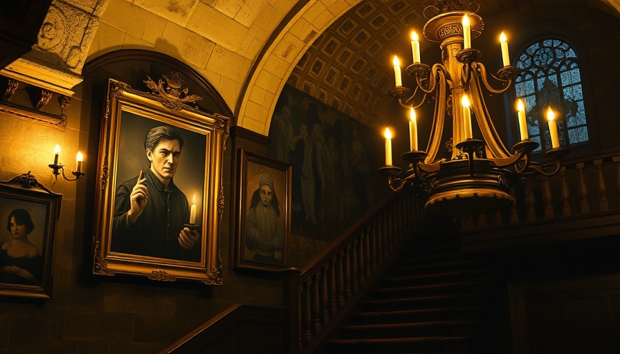 Epic Universe Darkmoor gothic staircase with eerie art and chandelier.