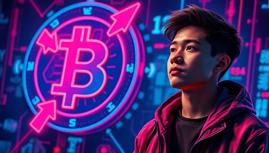 Young man beside digital coin, Fluid DeFi project innovation, cinematic design.