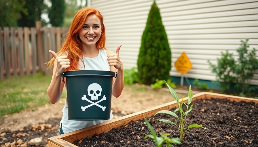 What Not to Put in Raised Beds: Woman pointing at warning bucket.