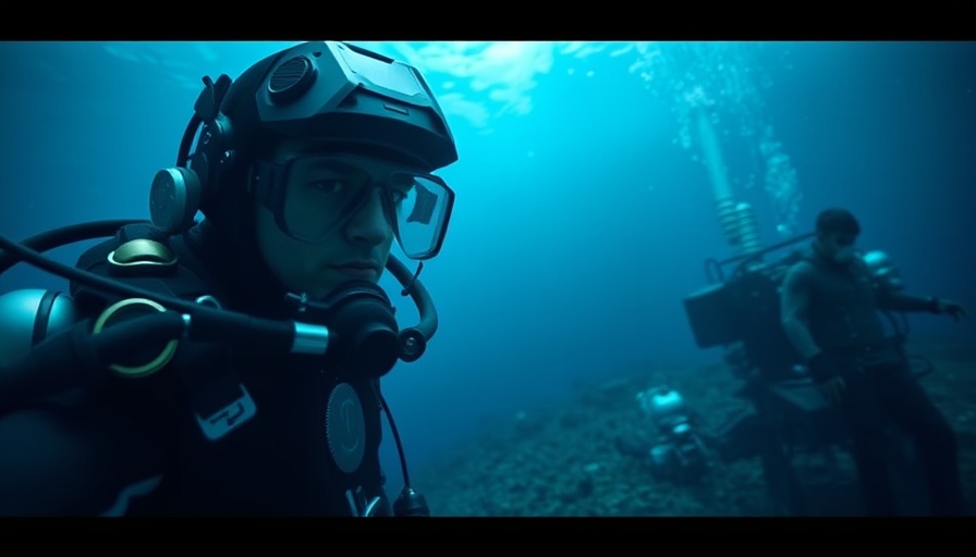 Futuristic diver exploring underwater with spotlight, Memorial Day box office.