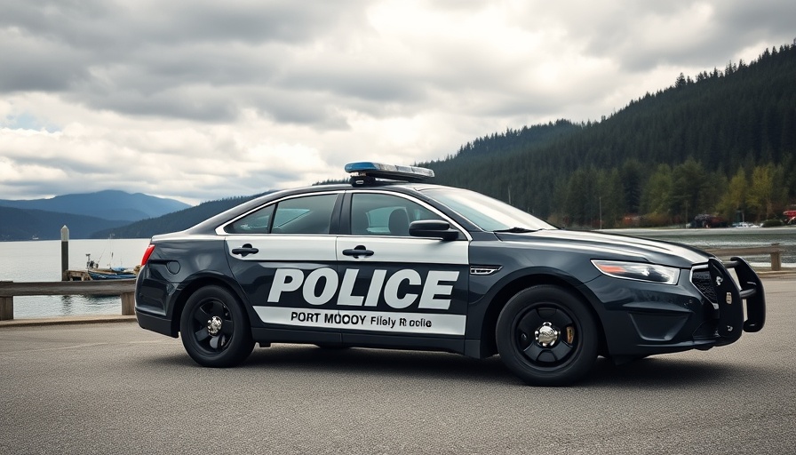 Port Moody police car at pier with forested background.
