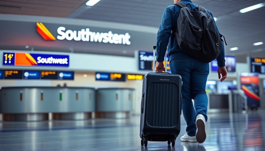 Southwest Airlines check-in area with traveler and luggage.