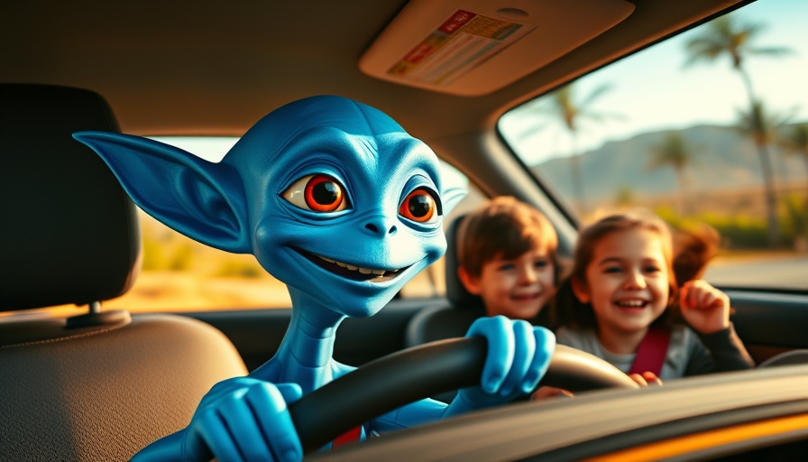 A blue alien drives with children, vibrant tropical background, Memorial Day box office.