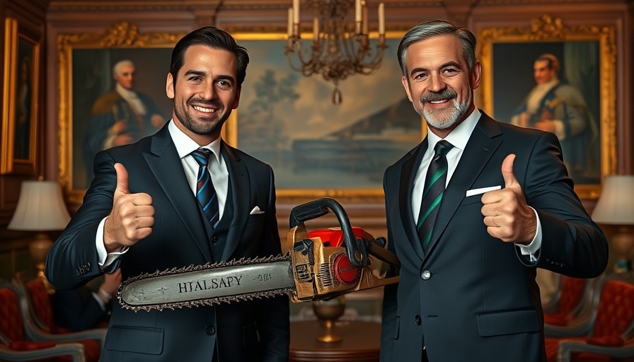 Men posing with a chainsaw in luxury setting.