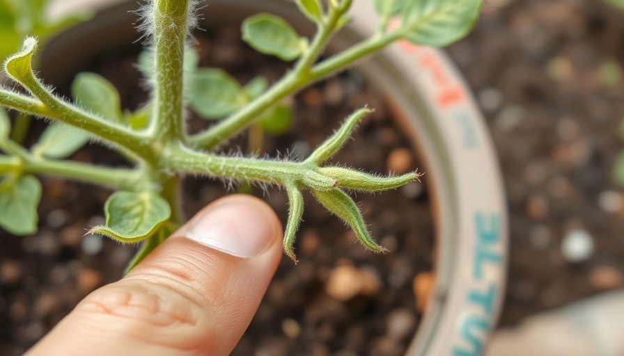Trichomes vs. root hairs on tomato plant stem; close-up view outdoors.