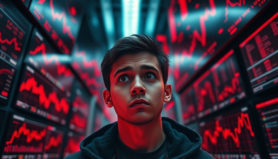 Confused young man amidst digital data charts, wondering what is going on.
