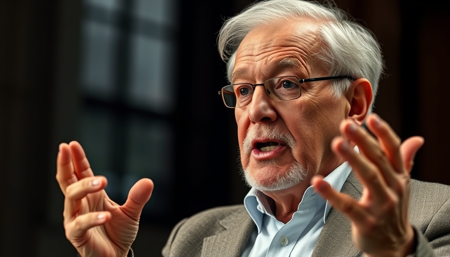 Distinguished older man discussing economic outlook, gesturing confidently.