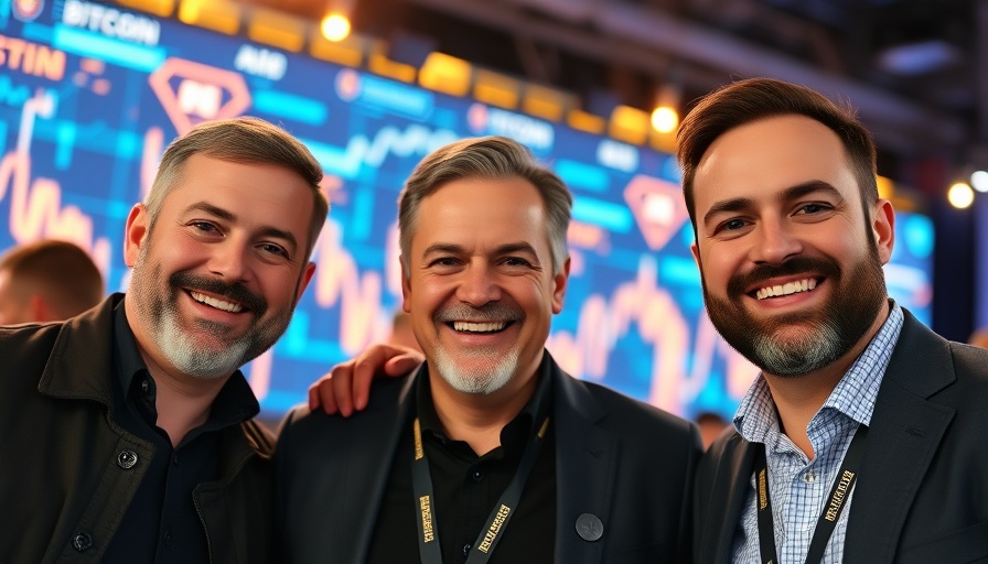 Men at Bitcoin Conference 2025 poster with digital backdrop, smiling.