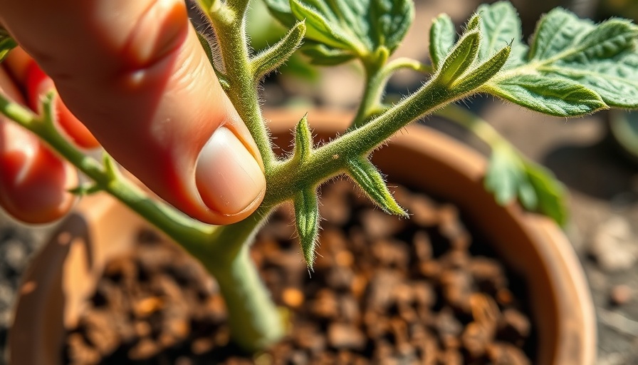 Close-up of tomato trichomes on plant stem in bright sunlight