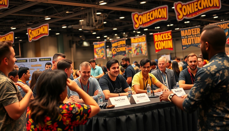 Comic convention panel with attendees signing posters, lively indoor setting.