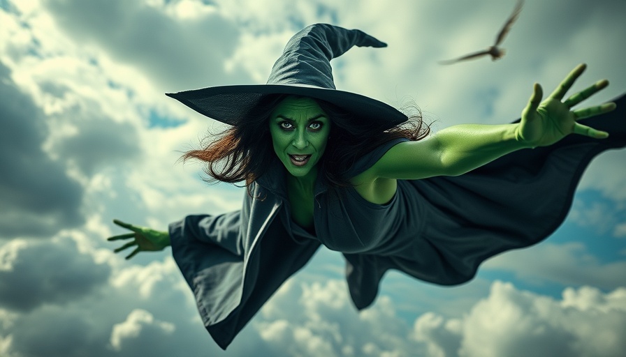 Green-skinned witch flying in 'Wicked: For Good Trailer'.