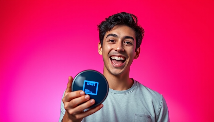 Enthusiastic young man with digital object, vibrant background.