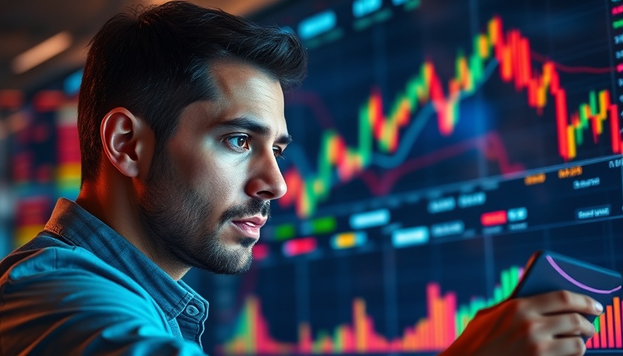 Confident man analyzing crypto trading strategies for 2025 with digital graphs.
