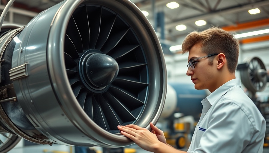 Aviation technicians examining an engine in a workshop, highlighting workforce shortage.