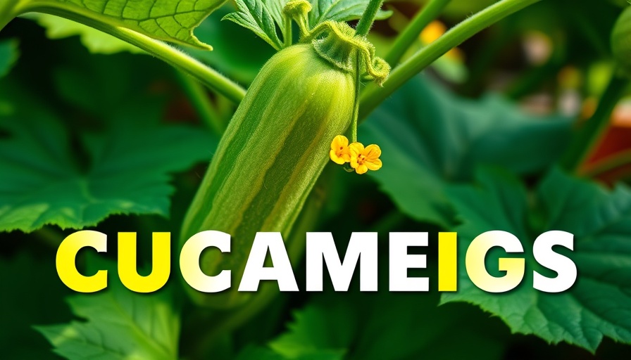 Close-up of cucumber plant with flowers and text overlay.