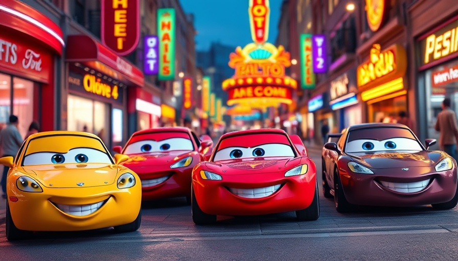 Animated Cars characters in Disneyland settings with neon lights.