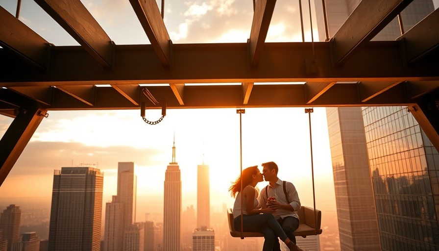 Romantic couple kissing on beams with cityscape at Coppola Megalopolis Screening Event.