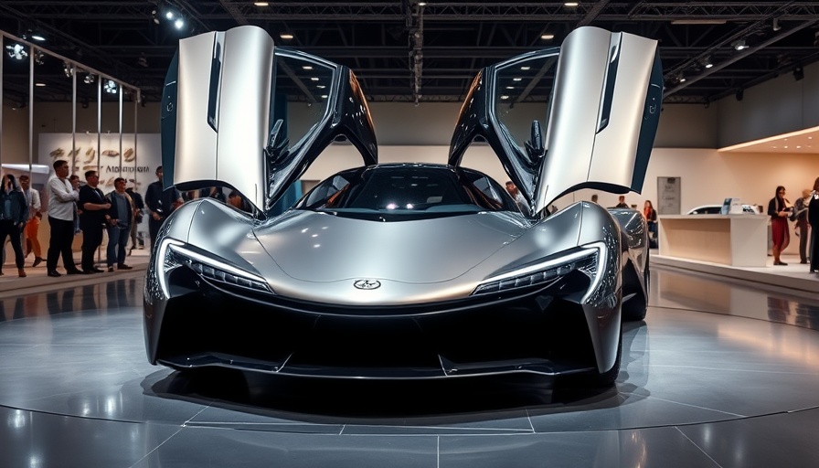 Sleek futuristic vehicle with open gull-wing door at exhibition.
