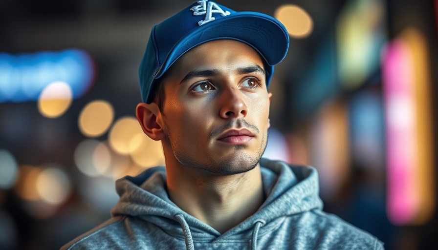 Athlete in blue cap and hoodie with colorful blurred background.