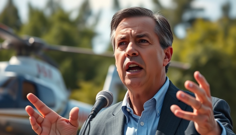 Political figure passionately speaking outdoors with helicopter background.