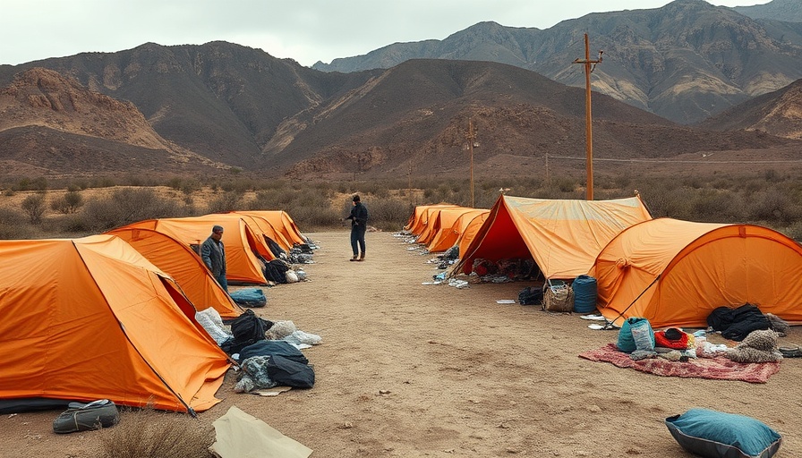 Penticton encampment eviction scene with orange tarps and belongings.