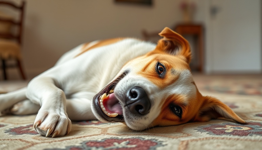 Playful dog on rug supporting local animal rescue.