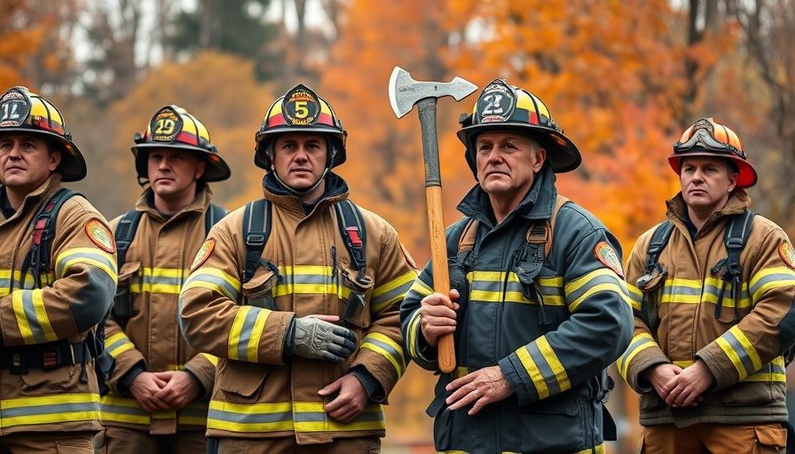 B.C. firefighter in ceremonial uniform holding an axe amidst a team.