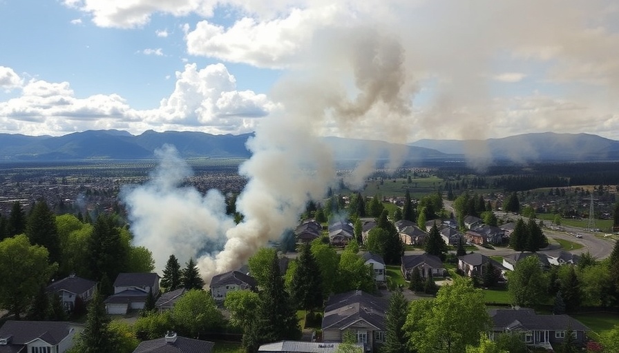 Smoke rises from a house fire response in Kelowna with mountains behind.