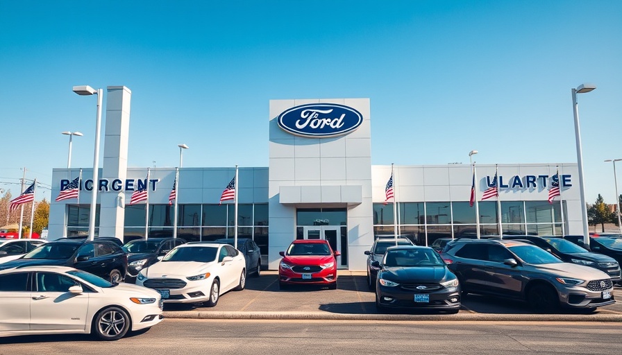 Ford dealership with cars highlighting sales.