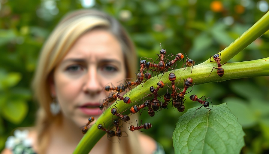 Ants in the garden damaging plants while woman looks concerned.