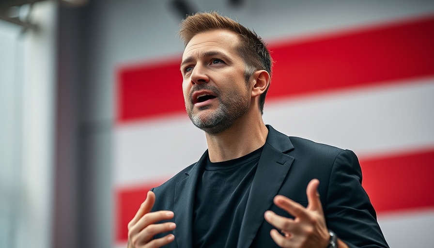 Confident man speaking at event with red and white background