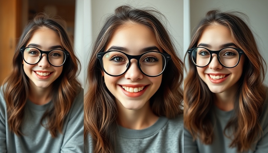 Woman with glasses displaying playful expressions in different settings.