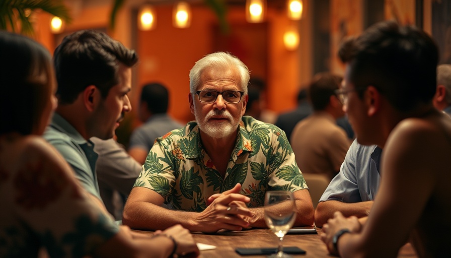 Focused conversation scene with a man in a tropical shirt and others.