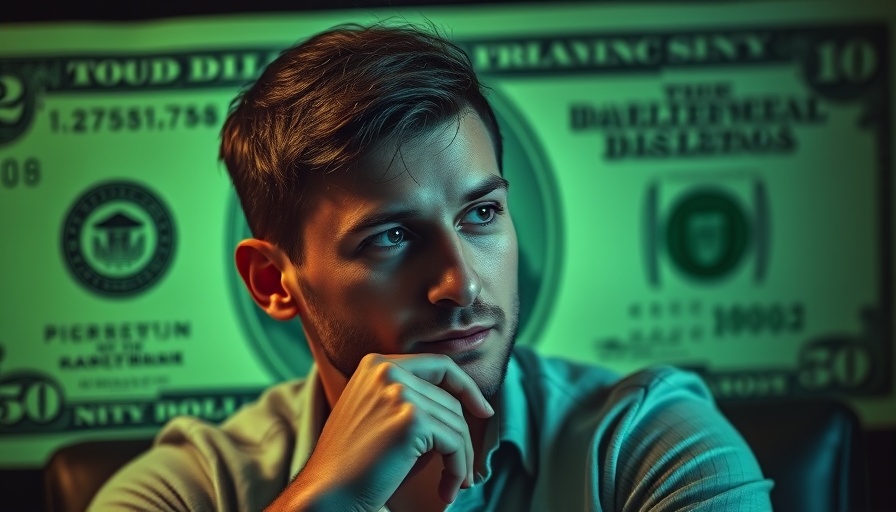 Money printing's impact on crypto depicted with a thoughtful man and dollar backdrop.