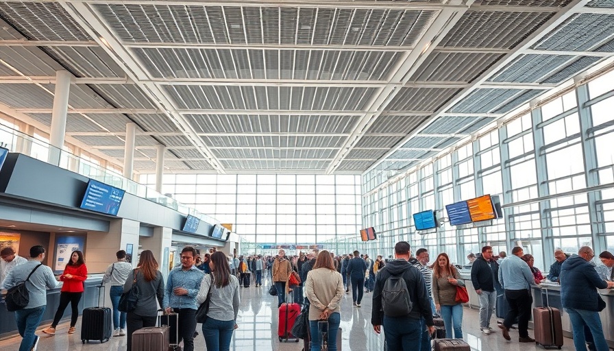 Airport baggage check amid warnings, people interacting under bright terminal lights.