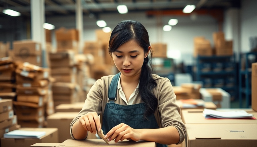 Asian woman sealing boxes in a factory, illustrating trade impacts.