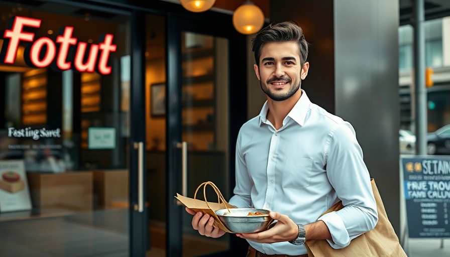 Diner exiting fast-casual restaurant with takeout.